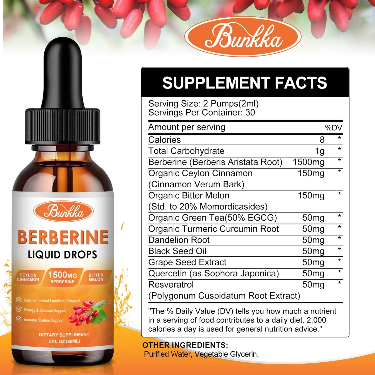 Berberine HCL Supplement Liquid Drops with Ceylon Cinnamon, Bitter Melon for Immune System & Digestive System Support Gut Health