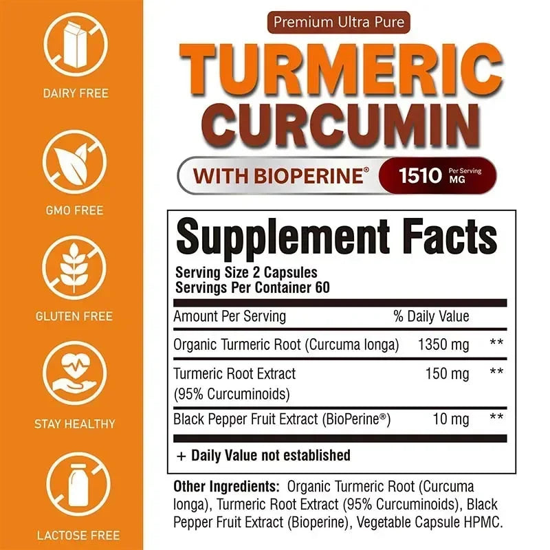 Turmeric Curcumin Capsules - Support Joints, Digestive Health, Enhance The Immune System, Promote Digestion and Absorption Vegan