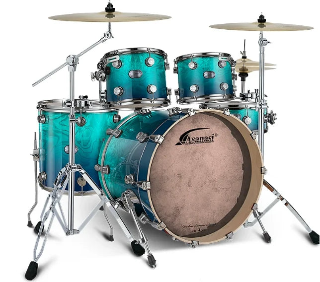 Drum Set with Multi-layer Birch Shells 5 Drums 3 Cymbals and Remo, Drum Skins with Bonus Cymbals