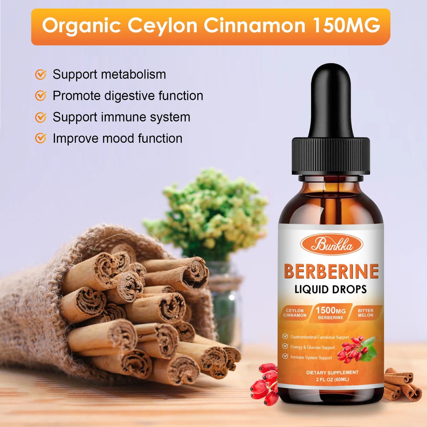 Berberine HCL Supplement Liquid Drops with Ceylon Cinnamon, Bitter Melon for Immune System & Digestive System Support Gut Health