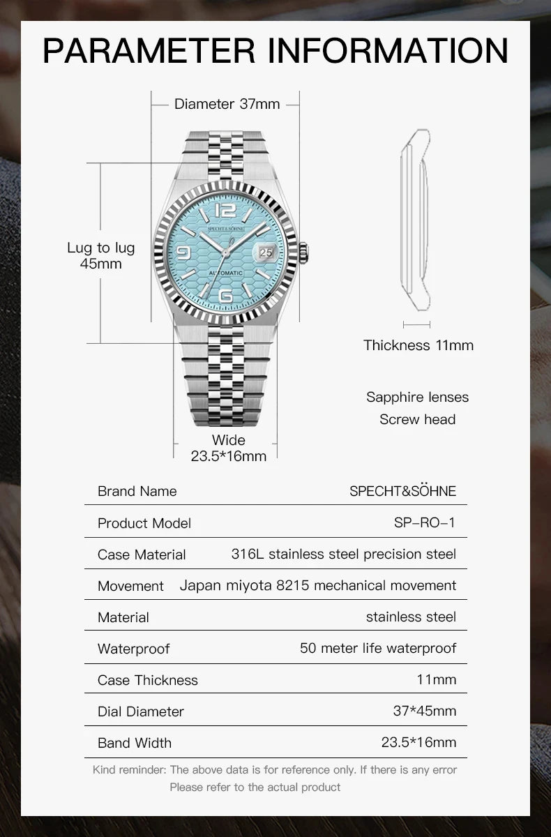 Specht & Söhne New Mens Watches Miyota 8215 Automatic Mechanical Wristwatches Stainless Steel Watch Relogio Masculino 37MM