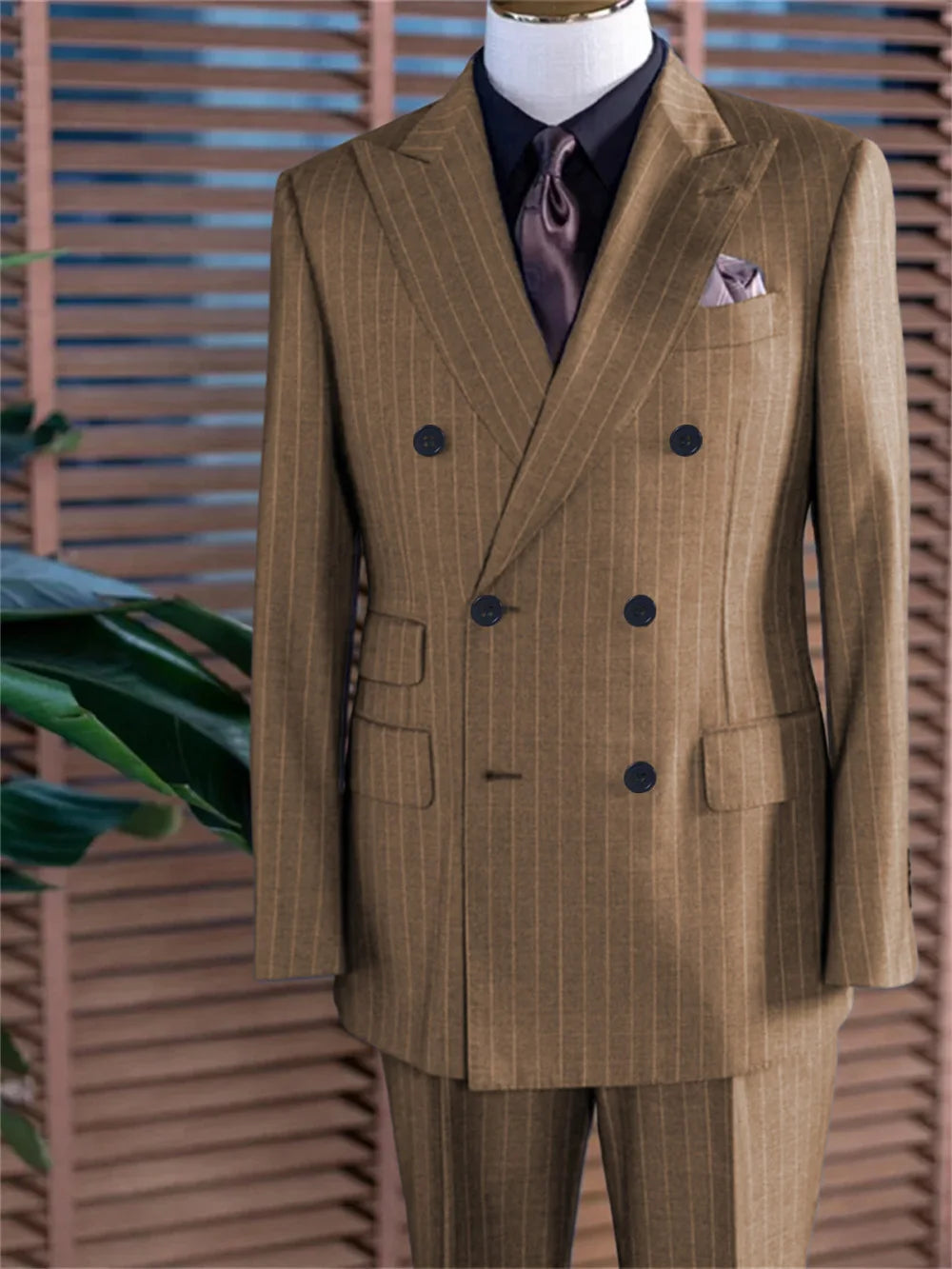 Stripe Men's Classic Business Suit Jacket Suit and Pants