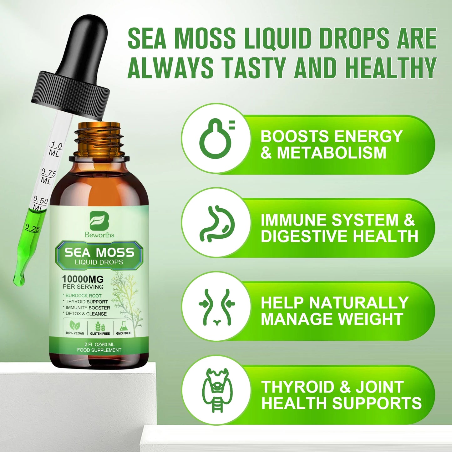 Organic Seamoss Drops with Burdock Root and Spirulina Support Immunity and Gut Health, Help Digestion Weight Management