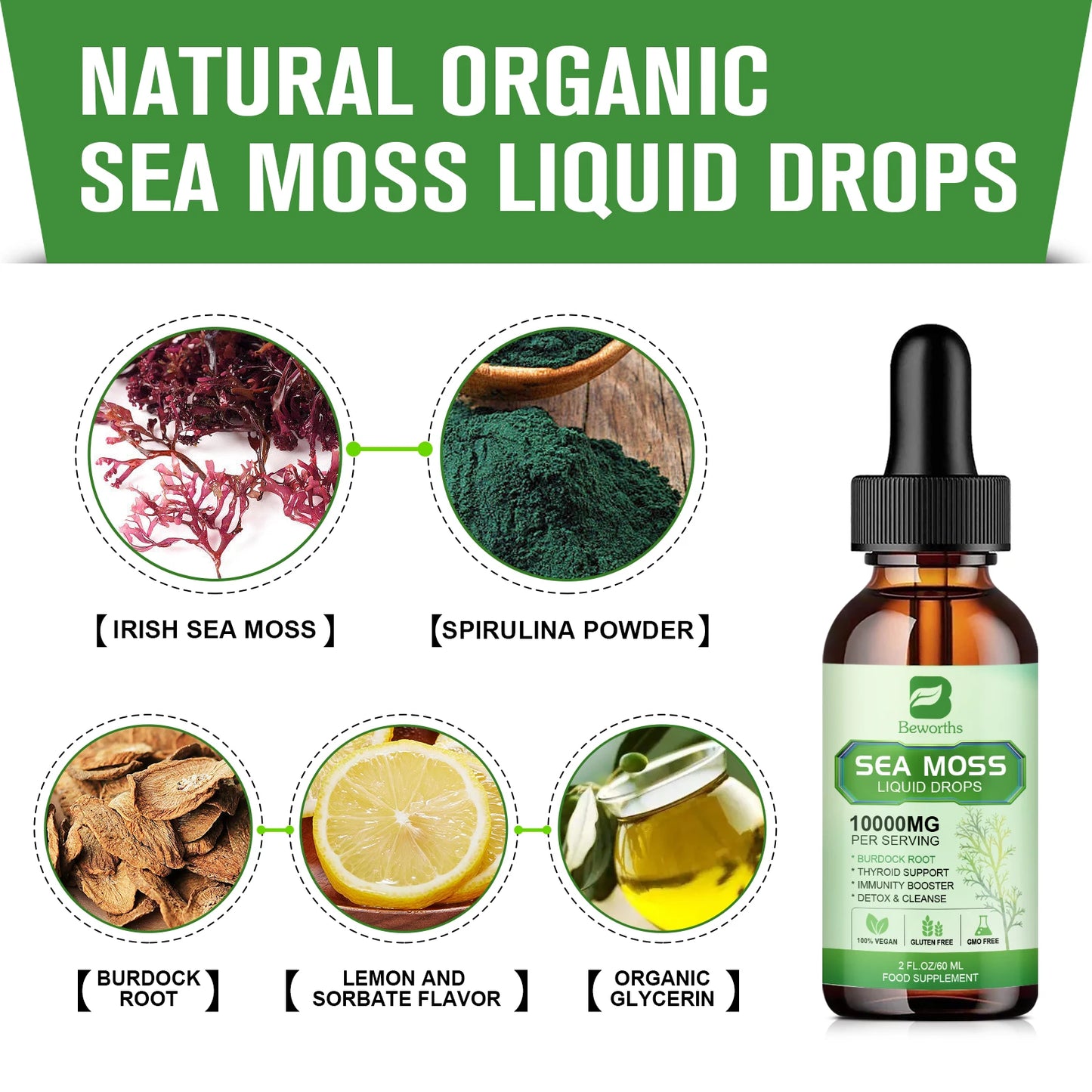 Organic Seamoss Drops with Burdock Root and Spirulina Support Immunity and Gut Health, Help Digestion Weight Management