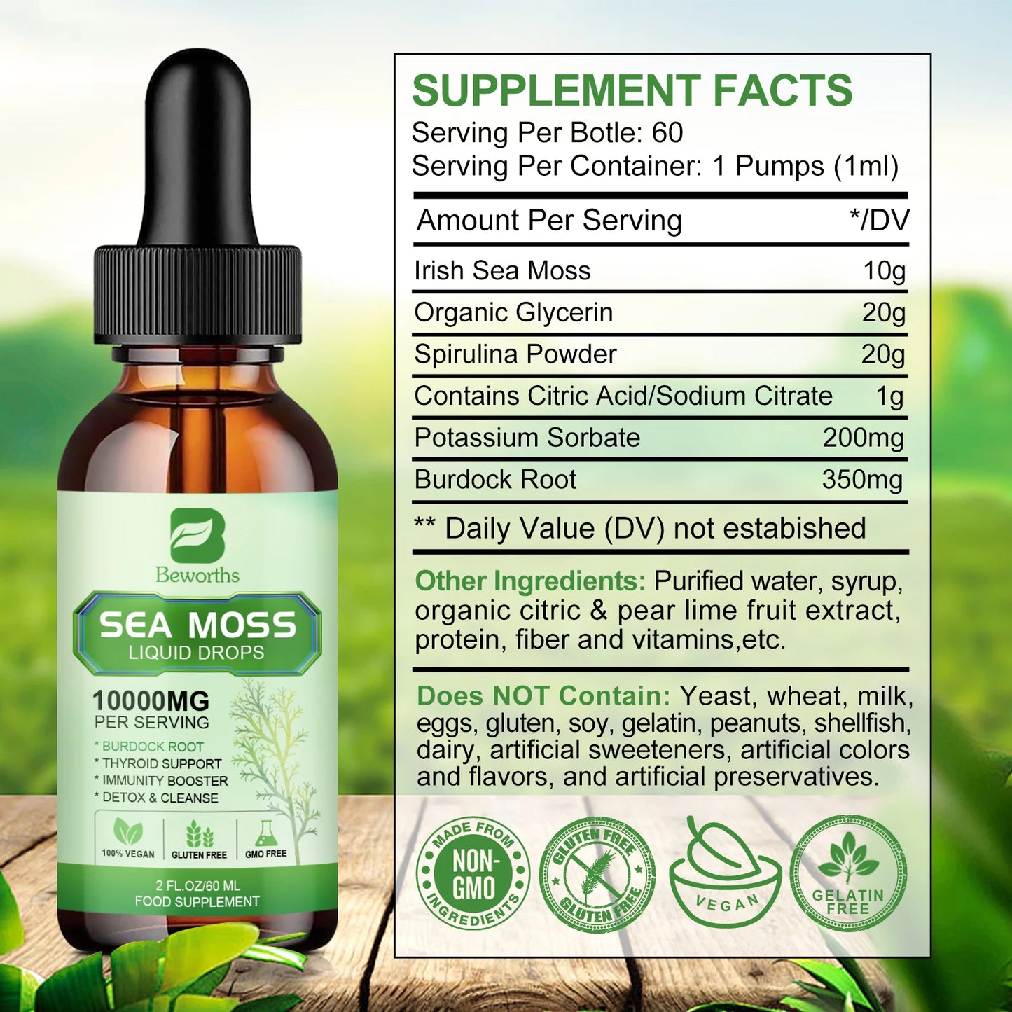 Organic Seamoss Drops with Burdock Root and Spirulina Support Immunity and Gut Health, Help Digestion Weight Management
