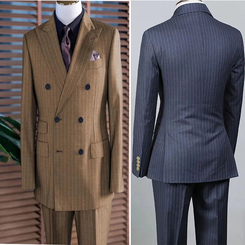 Stripe Men's Classic Business Suit Jacket Suit and Pants