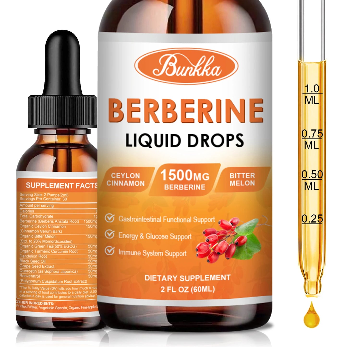 Berberine HCL Supplement Liquid Drops with Ceylon Cinnamon, Bitter Melon for Immune System & Digestive System Support Gut Health