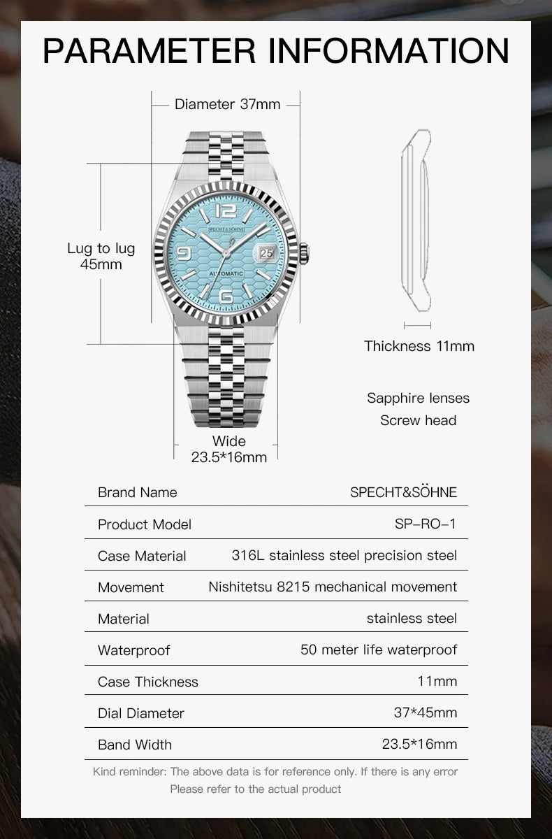 Specht & Söhne New Mens Watches Miyota 8215 Automatic Mechanical Wristwatches Stainless Steel Watch Relogio Masculino 37MM