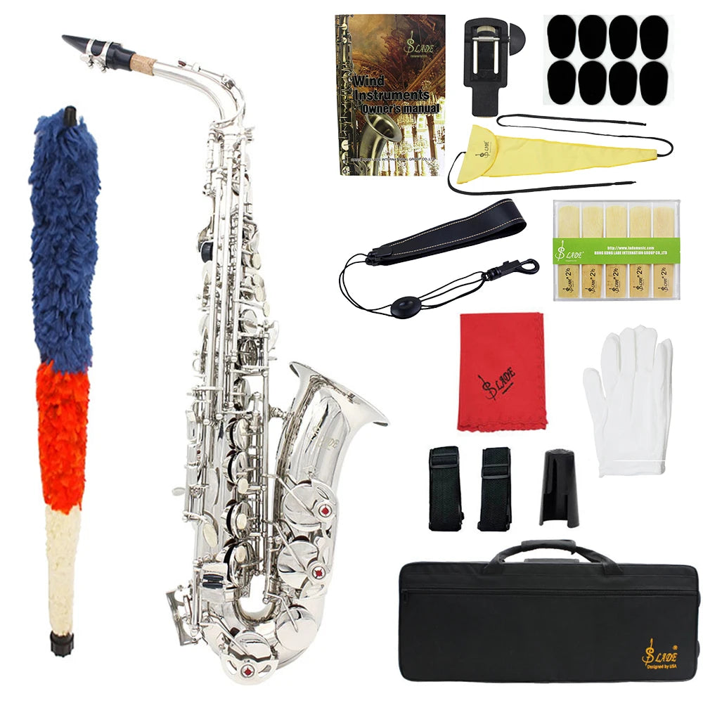 Saxophone Eb White Shells Keys Sax Silvery Brass Body Set Case Professional, Saxophone Accessories