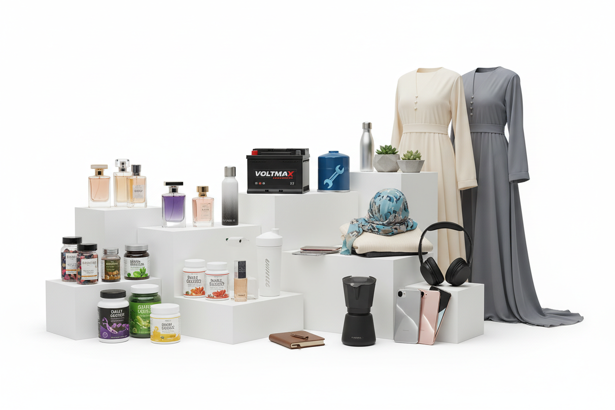 auto parts, perfume, health, modest clothing, electronics and many more